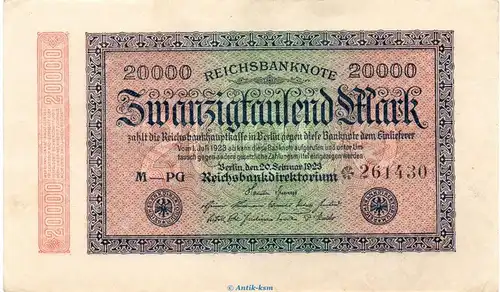 Reichsbanknote , 20.000 Mark Schein Gitter mit 8 in kfr. DEU-95.c, Ros.84, P.85 , vom 20.02.1923 , Inflation