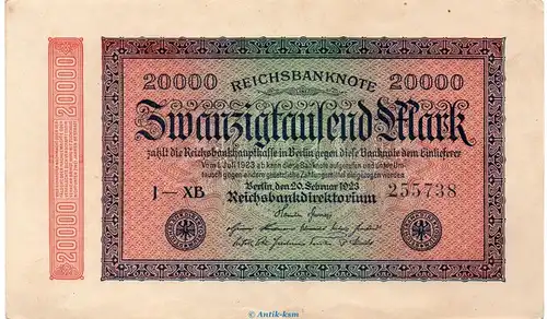Reichsbanknote , 20.000 Mark Schein -Ringe- in kfr. DEU-95.f, Ros.84, P.85 , vom 20.02.1923 , Inflation
