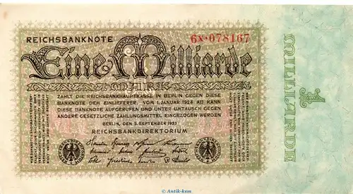 Reichsbanknote , 1 Milliarde Mark Schein in f-kfr. DEU-131.b, Ros.111, P.114 vom 05.09.1923 , Inflation