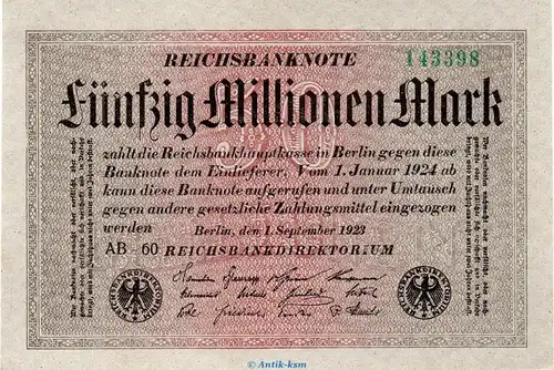 Reichsbanknote , 50 Millionen -Kreuzblüte- in kfr. DEU-122.c, Ros.108, P.109 vom 01.09.1923 , Inflation