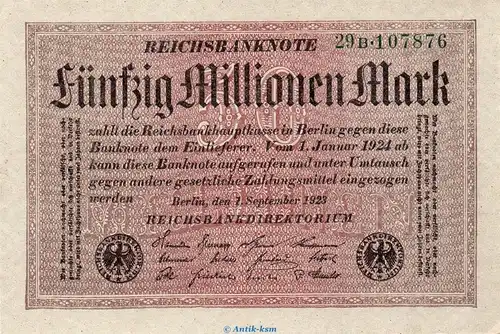 Reichsbanknote , 50 Millionen -Kreuzblüte- in kfr. DEU-122.b, Ros.108, P.109 vom 01.09.1923 , Inflation