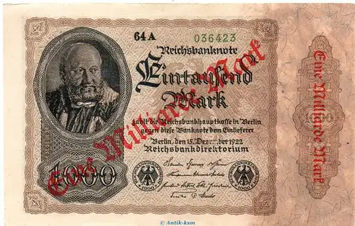 Reichsbanknote , 1 Milliarde Mark Überdruck , DEU-126.e, Ros.110, P.113 , von 1922-23 , Nachkriegszeit und Inflation