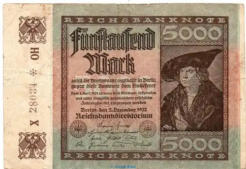 Reichsbanknote , 5.000 Mark Schein Kn. 5-stellig in gbr. DEU-91.c, Ros.80, P.81 , vom 02.12.1922 , Nachkriegszeit und Inflation