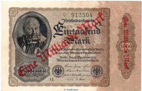 Reichsbanknote , 1 Milliarde Mark Überdruck in f-kfr. DEU-126.c.b, Ros.110, P.113 , vom 15.12.1922 , Inflation