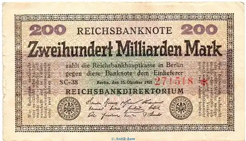 Reichsbanknote , 200 Milliarden Mark Wz.Ringe in gbr. DEU-143.b, Ros.118, P.121 von 1923 , Inflation