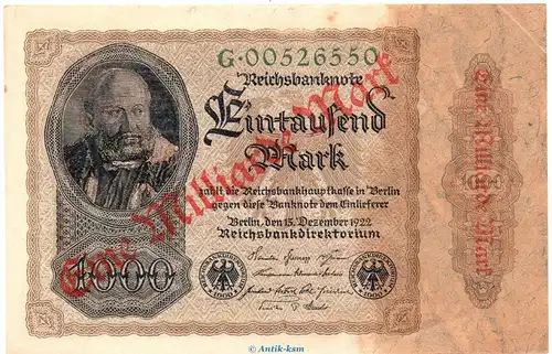 Reichsbanknote , Überdruck 1 Milliarde Mark Schein in f-kfr. DEU-126.a, Ros.110, P.118 , von 1922-23 , Nachkriegszeit und Inflation