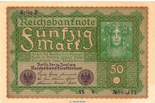 Reichsbanknote , 50 Mark Schein --Papier braun-- in kfr. DEU-72.b, Ros.62.A, vom 24.06.1919 , Weimarer Republik