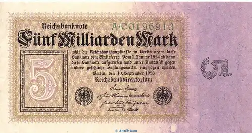 Reichsbanknote , 5 Milliarden Mark in gbr. DEU-132.a, Ros.112, P.115 vom 10.09.1923 , Weimarer Republik - Inflation