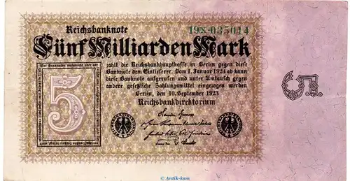 Reichsbanknote , 5 Milliarden Mark in gbr. DEU-132.b, Ros.112, P.115 vom 10.09.1923 , Weimarer Republik - Inflation