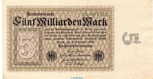 Reichsbanknote , 5 Milliarden Mark in gbr. DEU-133, Ros.112, P.115 vom 10.09.1923 , Weimarer Republik - Inflation