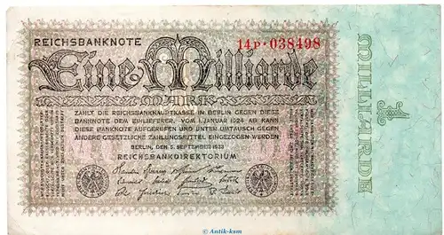 Reichsbanknote , 1 Milliarde Mark in gbr. DEU-131.b, Ros.111, P.114 vom 05.09.1923 , Weimarer Republik - Inflation