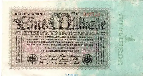 Reichsbanknote , 1 Milliarde Mark in gbr. DEU-131.c, Ros.111, P.114 vom 05.09.1923 , Weimarer Republik - Inflation