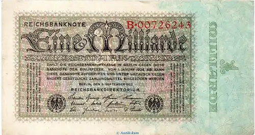 Reichsbanknote , 1 Milliarde Mark in gbr. DEU-131.a, Ros.111, P.114 vom 05.09.1923 , Weimarer Republik - Inflation