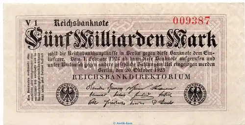 Reichsbanknote , 5 Milliarden Mark Schein in kfr. DEU-145.c, Ros.120, P.123 , vom 20.10.1923 , Weimarer Republik - Inflation