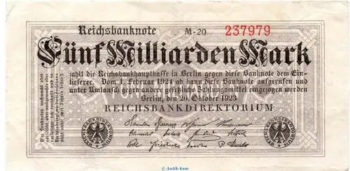 Reichsbanknote , 5 Milliarden Mark Schein in gbr. DEU-145.c, Ros.120, P.123 , vom 20.10.1923 , Weimarer Republik - Inflation