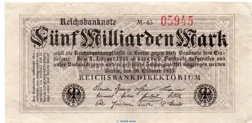 Reichsbanknote , 5 Milliarden Mark Schein in gbr. DEU-145.b, Ros.120, P.123 , vom 20.10.1923 , Weimarer Republik - Inflation