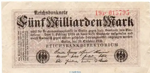Reichsbanknote , 5 Milliarden Mark Schein in gbr. DEU-145.d, Ros.120, P.123 , vom 20.10.1923 , Weimarer Republik - Inflation