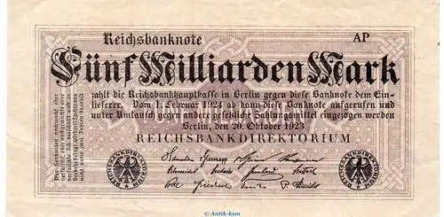 Reichsbanknote , 5 Milliarden Mark Schein in l-gbr. DEU-145.e, Ros.120, P.123 , vom 20.10.1923 , Weimarer Republik - Inflation