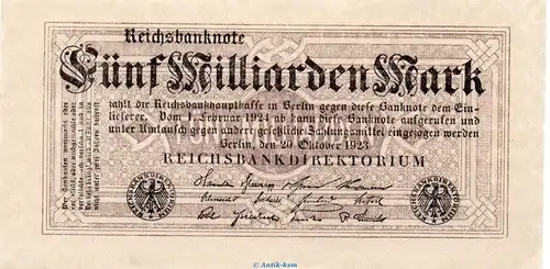 Reichsbanknote , 5 Milliarden Mark Schein in L-gbr. DEU-145.f, Ros.120, P.123 , vom 20.10.1923 , Weimarer Republik - Inflation