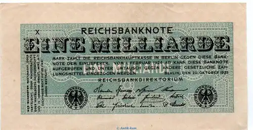 Reichsbanknote , 1 Milliarde Mark Schein in L-gbr. DEU-144.a, Ros.119, P.122 , vom 20.10.1923 , Weimarer Republik - Inflation