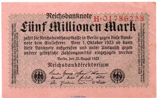 Reichsbanknote , 5 Millionen Mark Schein in kfr. DEU-117.a, Ros.104, P.105 , vom 20.08.1923 , Weimarer Republik - Inflation