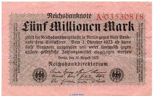 Reichsbanknote , 5 Millionen Mark Schein in gbr. DEU-117.a, Ros.104, P.105 , vom 20.08.1923 , Weimarer Republik - Inflation