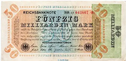 Reichsbanknote , 50 Milliarden Mark Schein in gbr. DEU-142.d, Ros.117, P.120 , vom 10.10.1923 , Weimarer Republik - Inflation