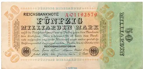 Reichsbanknote , 50 Milliarden Mark Schein in gbr. DEU-139., Ros.116, P.119 , vom 10.10.1923 , Weimarer Republik - Inflation