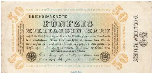 Reichsbanknote , 50 Milliarden Mark Schein in gbr. DEU-140.d, Ros.116, P.119 , vom 10.10.1923 , Weimarer Republik - Inflation