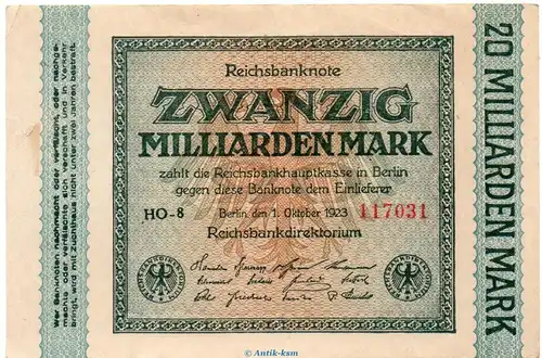 Reichsbanknote , 20 Milliarden Mark -Rauten- in kfr. DEU-137.e, Ros.115, P.118 , vom 01.10.1923 , Weimarer Republik - Inflation