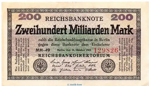 Reichsbanknote , 200 Milliarden Mark Schein in gbr. DEU-143.g, Ros.118, P.121 , vom 15.10.1926 , Weimarer Republik - Inflation