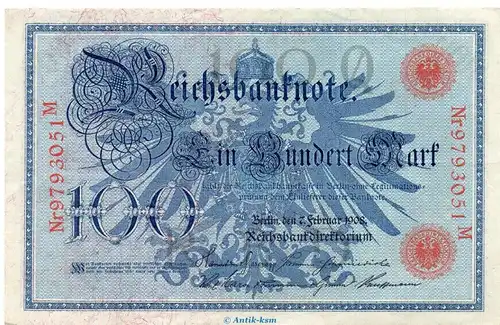 Reichsbanknote , 100 Mark Schein rot in f.kfr. DEU-31.b, Ros.33, P.33 , vom 07.02.1908 , deutsches Kaiserreich