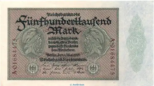 Reichsbanknote , 500.000 Mark Schein in kfr. DEU-99.d, Ros.87, P.88 , vom 01.05.1923 , Weimarer Republik - Inflation