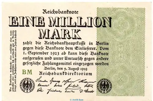 Reichsbanknote , 1 Million Mark Schein in kfr. DEU-114.b, Ros.101, P.102 , vom 09.08.1923 , Weimarer Republik - Inflation