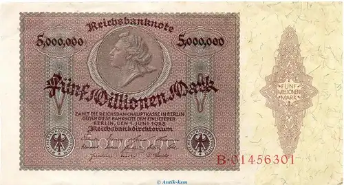 Reichsbanknote , 5 Millionen Mark Schein in kfr. DEU-100, Ros.88, P.90 , vom 01.06.1923 , Weimarer Republik - Inflation