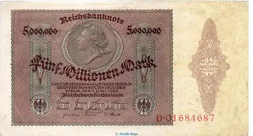 Reichsbanknote , 5 Millionen Mark Schein in f-kfr. DEU-100, Ros.88, P.90 , vom 01.06.1923 , Weimarer Republik - Inflation