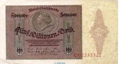 Reichsbanknote , 5 Millionen Mark Schein in gbr. DEU-100, Ros.88, P.90 , vom 01.06.1923 , Weimarer Republik - Inflation