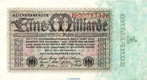 Reichsbanknote , 1 Milliarde Mark Schein in L-gbr. DEU-131.a, Ros.111, P.114 , vom 05.09.1923 , Weimarer Republik - Inflation