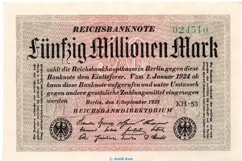 Reichsbanknote , 50 Millionen Mark Schein in kfr. DEU-123.d, Ros.108, P.109 , vom 01.09.1923 , Weimarer Republik - Inflation