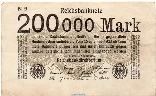 Reichsbanknote , 200.000 Mark Schein in gbr. DEU-111.a , Ros.99, P.100, vom 09.08.1923 , Weimarer Republik