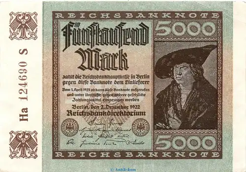 Reichsbanknote , 5.000 Mark Schein in f.kfr. DEU-91.e, Ros.80, P.81 , vom 02.12.1922 , Weimarer Republik - Inflation