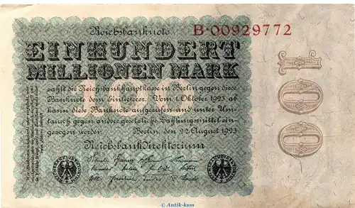 Reichsbanknote , 100 Millionen Mark Schein in gbr. DEU-119.a, Ros.106, P.107 , vom 22.08.1923 , Weimarer Republik - Inflation