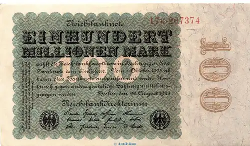 Reichsbanknote , 100 Millionen Mark Schein in gbr. DEU-119.b, Ros.106, P.107 , vom 22.08.1923 , Weimarer Republik - Inflation