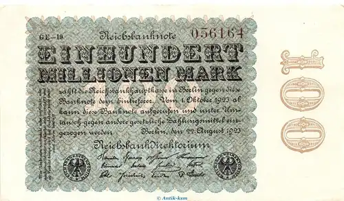 Reichsbanknote , 100 Millionen Mark Schein in gbr. DEU-120.L, Ros.106, P.107 , vom 22.08.1923 , Weimarer Republik - Inflation