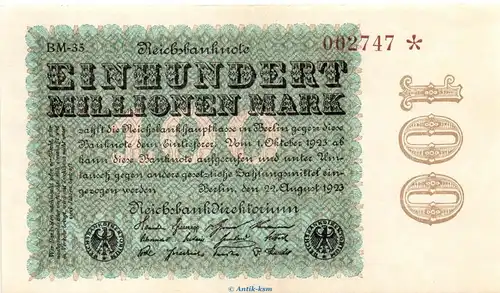 Reichsbanknote , 100 Millionen Mark Schein in gbr. DEU-120.s, Ros.106, P.107 , vom 22.08.1923 , Weimarer Republik - Inflation