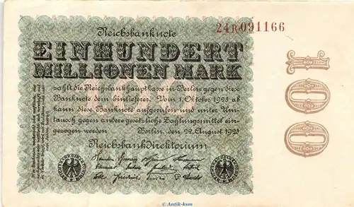 Reichsbanknote , 100 Millionen Mark Schein in gbr. DEU-120.c, Ros.106, P.107 , vom 22.08.1923 , Weimarer Republik - Inflation