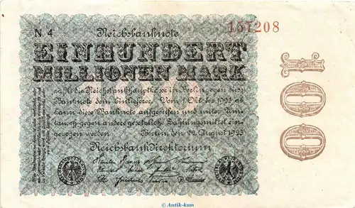 Reichsbanknote , 100 Millionen Mark Schein in gbr. DEU-120.i, Ros.106, P.107 , vom 22.08.1923 , Weimarer Republik - Inflation