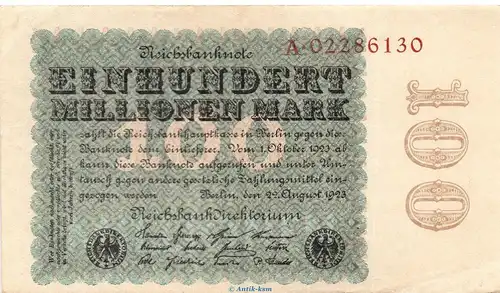 Reichsbanknote , 100 Millionen Mark Schein in gbr. DEU-120.a, Ros.106, P.107 , vom 22.08.1923 , Weimarer Republik - Inflation