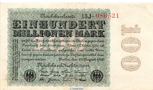 Reichsbanknote , 100 Millionen Mark Schein in gbr. DEU-120.e, Ros.106, P.107 , vom 22.08.1923 , Weimarer Republik - Inflation