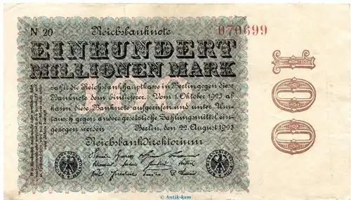 Reichsbanknote , 100 Millionen Mark Schein in gbr. DEU-120.f, Ros.106, P.107 , vom 22.08.1923 , Weimarer Republik - Inflation